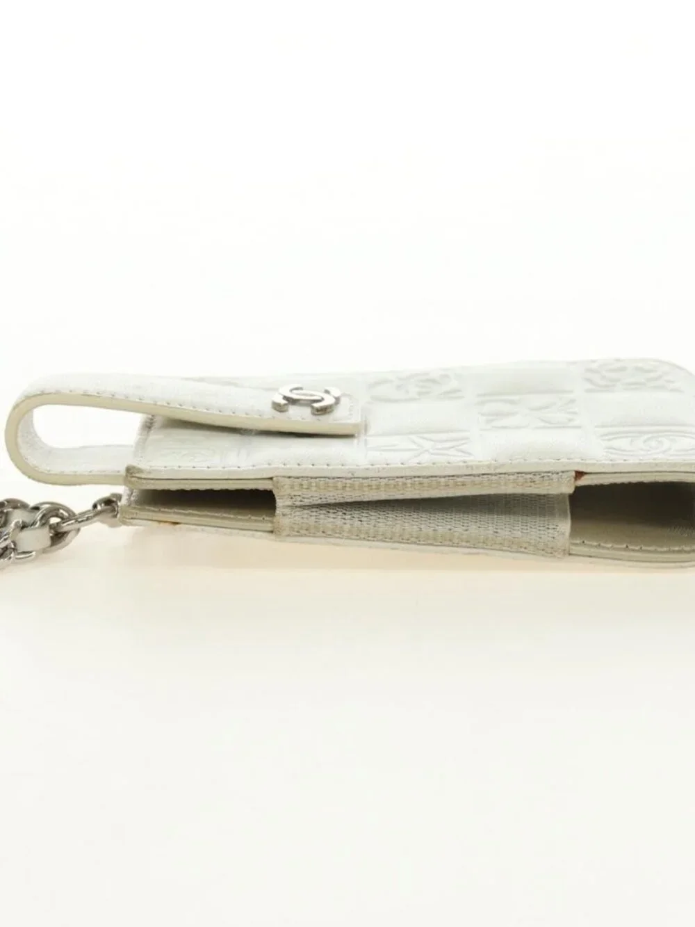 CHANEL icon Chain Shoulder Pouch Lamb Skin White Silver CC Auth 184233A